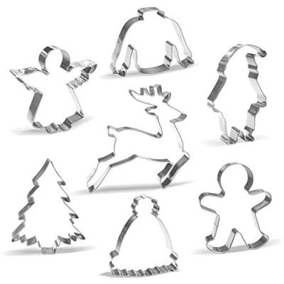 Image of Large Christmas Cookie Cutter Set 7 Piece Santa, Reindeer, Gingerbread Man, Tree, Angel, Ugly Sweater, Winter hat Stainless Steel
