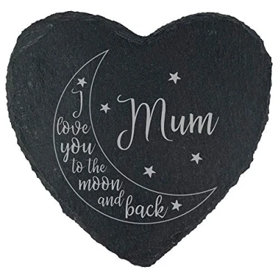 Image of eBuyGB I Love You To The Moon and Back, Personalised Slate Coaster, Mum Birthday Gift, Present for from Daughter Son, Engraved Drinks Coaster (Heart)