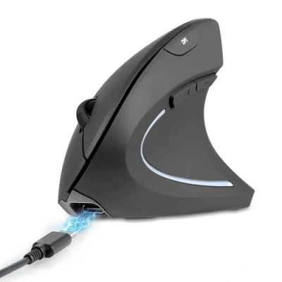 Image of perixx PERIMICE 713R Wireless Rechargeable Vertical Mouse Duo Wired and Charging Feature 6 Buttons Design Black Right Handed