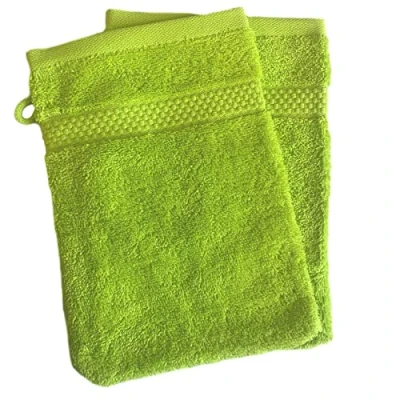 Image of Sue Rossi Face Cloth Wash Mitt Set, 100% Organic Turkish Combed Cotton, 600GSM Thick With Hanging Loop, Size 16cm x 21cm, Flannel Glove Pack Soft &amp; Absorbent (Lime Green, 2)