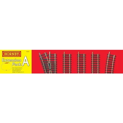 Image of Hornby R8221 OO Gauge Track Extension Pack A Extra Pieces for Model Railway Sets, Train Pieces, Includes Straights, Double Straight, Curves, LH Point &amp; Buffer Stop Scale 1:76