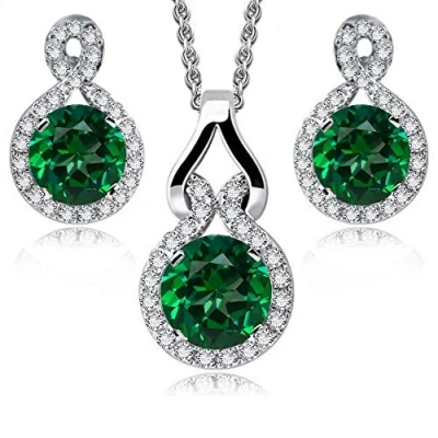Image of Crystalline Azuria Women Girls 18ct White Gold Plated Round Green Simulated Emerald Zirconia Crystals Set Pendant Necklace 17.7 inches Stud Earrings