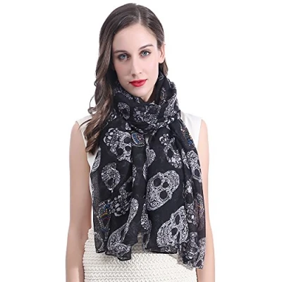 Image of Lina &amp; Lily Candy Skull Print Women&#039;s Large Scarf (Black)(Size: 180 X 90 cm)