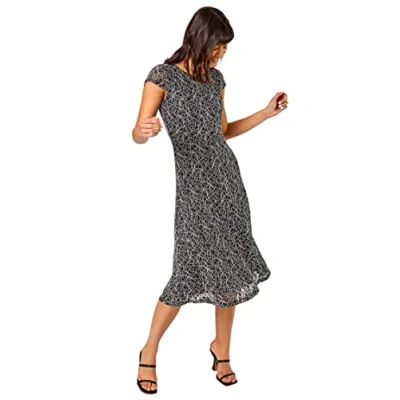 Image of Roman Originals Floral Lace Overlay Dress for Women UK Ladies Luxury Ball Gown Shift Midi Lined Knee Length Stretch Formal Wedding Guest Party Evening Silver Black Size 12