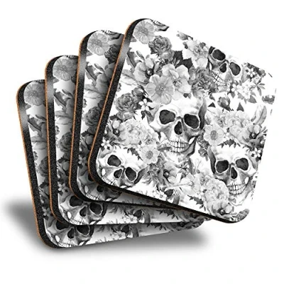 Image of Destination Vinyl ltd Great Coasters (Set of 4) Square BW Flowery Sugar Skull Flowers Drink Glossy Coasters/Tabletop Protection for Any Table Type #35743