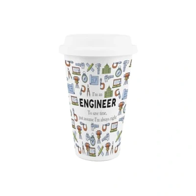 Image of Purely Home Engineer Ceramic Travel Mug Novelty Tradies Gifts/New Job Presents Reusable Silicone Lid Double Walled Insulated Hot/Cold Drinks Cup
