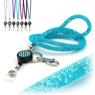 Image of CKB LTD Light Blue Sparkle Lanyard Rhinestone Glitter Crystal Gems Neck Strap with Swivel Metal Clip and Sparkly Bling Retractable reel ID Badge Holder 1pc
