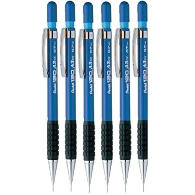 Image of Pentel 0.7mm (A37 C) Blue 120 DX Automatic Mechanical Pencil Refillable Lead Capped Metal Clip Rubber Grip (Pack Of 6)