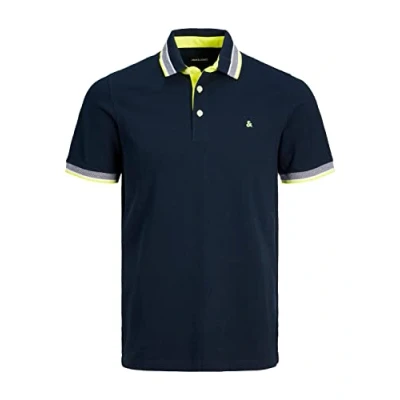 Image of Jack &amp; Jones Men&#039;s Jjepaulos Polo Ss Noos Shirt, Dark Navy/Detail: Neon, XL