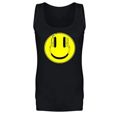 Image of Womens Headphones Happy Smile Face DJ Rave Bass Music Vest Tank Top Black UK 14 (XL)