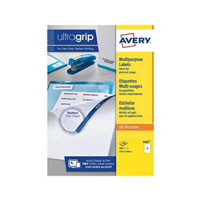 Image of Avery 3483 Multipurpose Labels with A4 Sheets (105 x 148 mm Labels, 4 Per Sheet, 100 Sheets) White