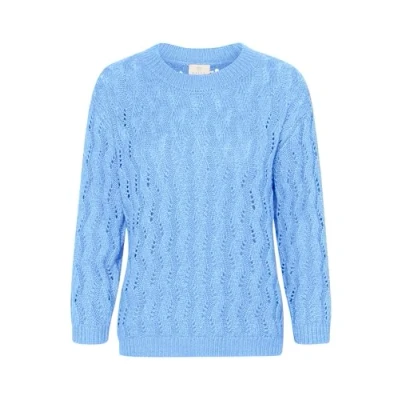 Image of KAFFE Women&#039;s Pullover Patterned Knit Cropped Sleeves Round Neck Regular Fit, Vista Blue, Medium