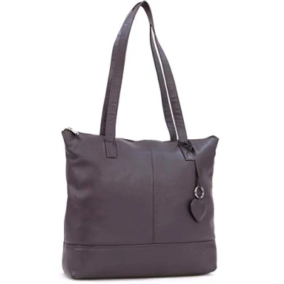 Image of Gigi Ladies Leather Tote Bag With Zip Large Shoulder / A4 Work Heart Keyring Charm OTHELLO 9101A Dark Brown