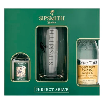 Image of Sipsmith Gin Gift Set The Perfect Serve Includes: 1x 5cl London Dry Gin, Fever Tree Premium Inian Tonic Water &amp; Hi Ball Glass Christmas Gifts for Women, Men