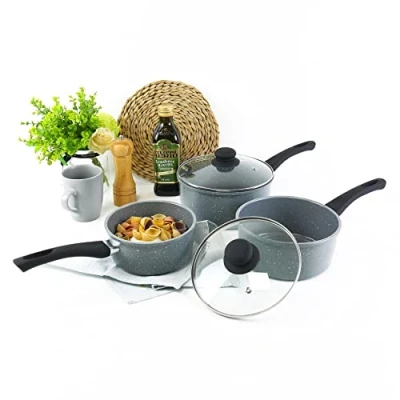 Image of URBN Chef 3 Pc Forged Carbon Steel Marble Grey Non Stick Saucepan Pot &amp; Pan Set