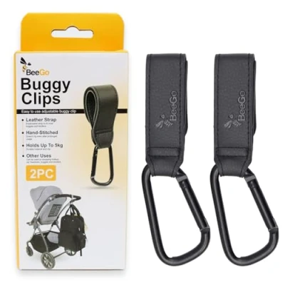 Image of BeeGo® 2 Pcs Stroller Hooks pram Hook Clips Heavy Duty Buggy for Bags, Shopping Bags and Baby Travel Essentials Non Slip, Universal Pushchair Accessories Carry 5kg per Clip, Black