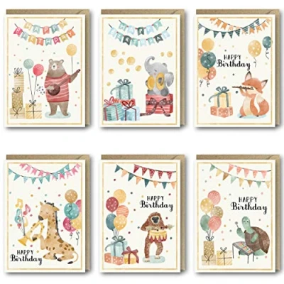 Image of Absolutely Yours Birthday Cards Multipack of 24. Each Card box includes 6 Musical Animal Happy Designs. Blank Inside. Bulk and Envelopes