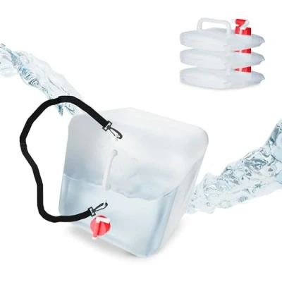 Image of Relaxdays Collapsible Water Container Set of 4, 20 Liters, with Tap, Carrying Strap, BPA Free, Transparent and Red, Foam, Plastic, 32x27x27 cm
