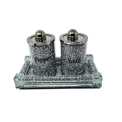 Image of Silver Glass Sparkle Ornament Bling Crushed Diamond Gift CRYSTALLIZED Kitchen salt and pepper with tray storage or Accessory Display Present Gifts for all occasion, Home Decor