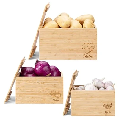 Image of Navaris Bamboo Stackable Potato Onion &amp; Garlic Storage, Set of 3 Vegetable Storage Crates for The Home and Kitchen Boxes Vegetables