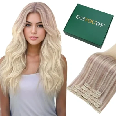 Image of Easyouth Blonde Clip in Hair Extensions Human Ombre Real Balayage Remy 18 Inch 70g 5Pcs