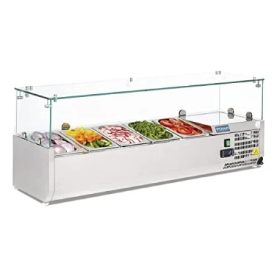 Image of Polar Refrigeration G Series 150W Countertop Food Prep Fridge with Built In Glass Surround, Stainless Steel, 2C to 8C, 435(H)x1200(W)x330(D)mm, Capacity: 5x 1/4 GN Pans (Sold Separately) G608