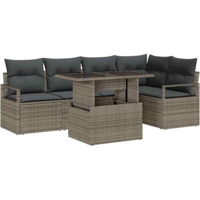Image of vidaXL 6 Piece Garden Sofa Set with Cushions Grey Poly Rattan