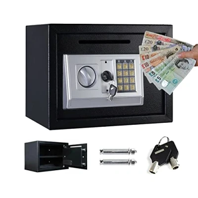 Image of Secure Box with Deposit Slot Electronic Security Safe 16L Digital Keypad Included 2 Keys Home Mini Box, Wall And Floor Fixings, for Donation Collection Hotel Safes 14&quot;x 10&quot;x 10&quot;, Black