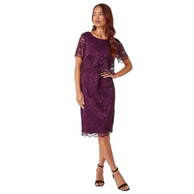Image of Roman Petite Womens Lace Overlay Stretch Bodycon Dress Purple Size 12 UK