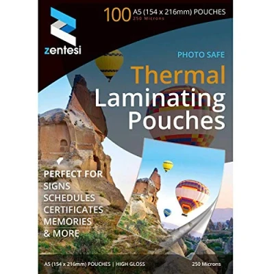 Image of Zentesi A5 Laminating Pouches High Gloss Laminator Sleeves 250 Micron (125 + 125 Microns) Glossy Laminate Pouch Sheets Pack of 100