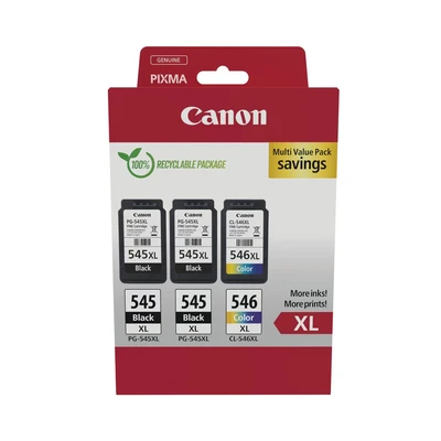Image of Canon PG 545XL x 2 / CL 546XL High Yield Genuine Ink Cartridges, Pack of 3 (2 Black, 1 Colour) Cardboard Multipack