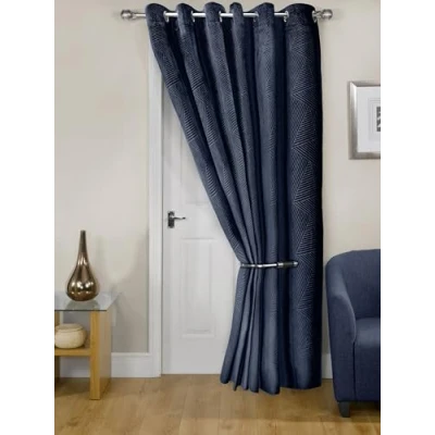 Image of Emma Barclay Midnight Embossed Velvet Woven Thermal Eyelet Door Curtain (Navy, Width 66&quot; x 84&quot;Drop (168x213cm))