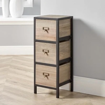 Image of Home Source Solid Wood Chest Storage Unit, Bedroom Office Organiser, Metal Frame, 3 Drawer
