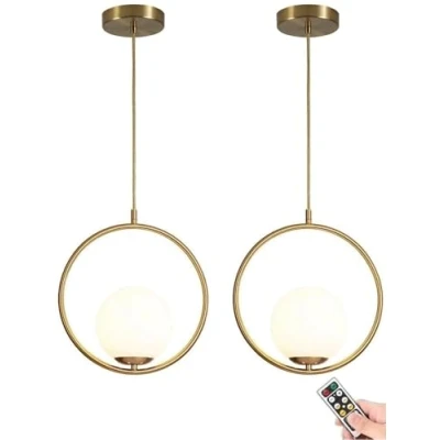 Image of Battery Operated Pendant Light with Dimmable &amp; Timeable Rechargeable Bulb, not Hardwired Powered Globe Hanging Ceiling Lighting Chandelier, for Kitchen Island Dining Table Living Room Bedroom