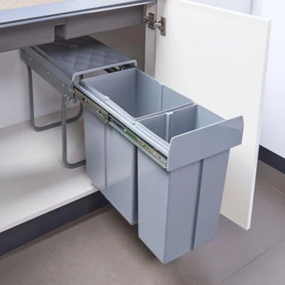 Image of [en.casa] Built in trash can Froland waste sorter Pull out garbage collector 2 Removable compartments 48x26x42cm for kitchen Gray 1x20L + 1x10L