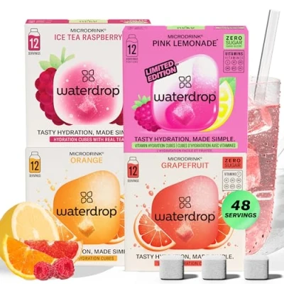 Image of waterdrop® Microdrink Lemonade Set 48 Water Flavouring Hydration Tablets, Flavoured Cubes in Orange, Ice Tea Raspberry, Grapefruit &amp; Pink Flavours, with Vitamin C, Vegan, Sugar Free