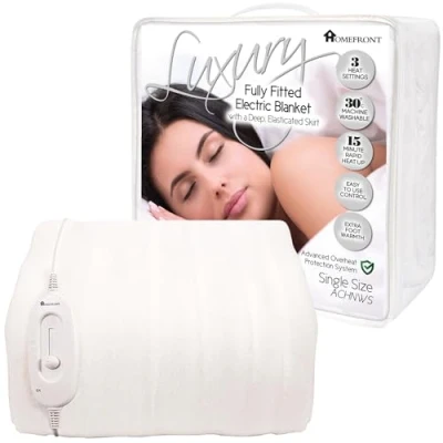 Image of Homefront Electric Blanket Single Bed Size 200 x 107 40cm Fitted Heated Mattress Cover Underblanket Elasticated Skirt, Fast Heat Up, Machine Washable, Safe for All Night Use