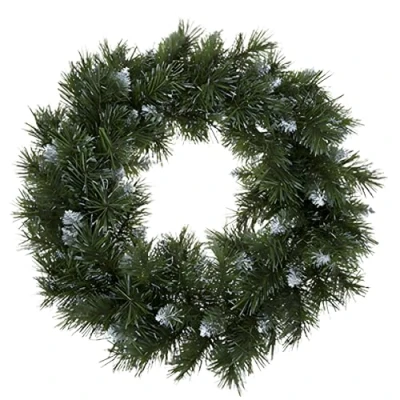 Image of AKH® PVC Christmas Wreath with 120 Tips &amp; Snow Effect 18 Inch / 46 CM Artificial Xmas for Front Door, Festive Door Decor, Traditional Holiday Decoration