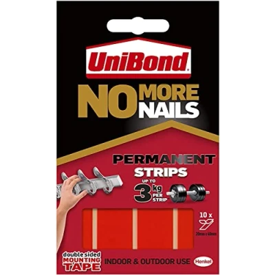 Image of Unibond No More Nails Permanent Strips, Adhesive Strips for Fast &amp; Easy Mounting, Double Sided Sticky Tape Interior Exterior Use, Waterproof Tape, Pack of 10, 1