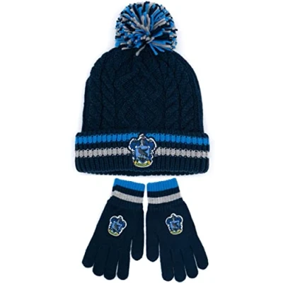 Image of Harry Potter Hat And Gloves Set Adults Mens Womens Gryffindor Ravenclaw OR Slytherin Hufflepuff House Options Knitted Pom Beanie One Size Winter