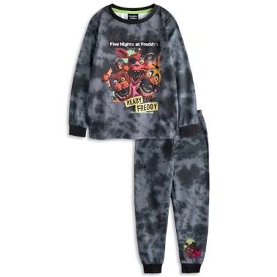 Image of FIVE NIGHTS AT FREDDY&#039;S Boys Pyjama Set Kids Freddy Chica &amp; Foxy Character Graphic Long Sleeve Top Leg PJ Bottoms in Grey Childrens Ready For Print Nightwear Game Merchandise Gift