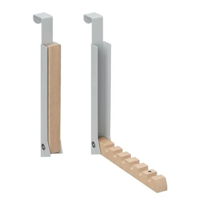 Image of Relaxdays 2x Foldable Hanger, for Clothes, Coats, Suits, Hooks 6 Items, Metal &amp; Wood, Fits 2 cm Doors, Grey, Iron, Set