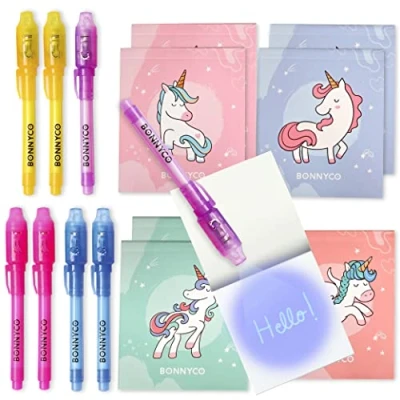 Image of BONNYCO Invisible Ink Pen and Notebook, Pack 8 Unicorns Party Bags Filler &amp; Pinata Toys Unicorn Birthday Decorations Stocking Fillers for Kids School Prizes Gifts Children
