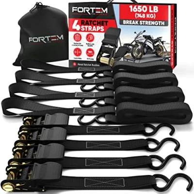 Image of FORTEM Ratchet Tie Down Straps, 4X 4.6m Securing Soft Loops 748kg Break Strength, Rubber Coated Metal Handles, Plastic Hooks, Carrying Bag (Black)