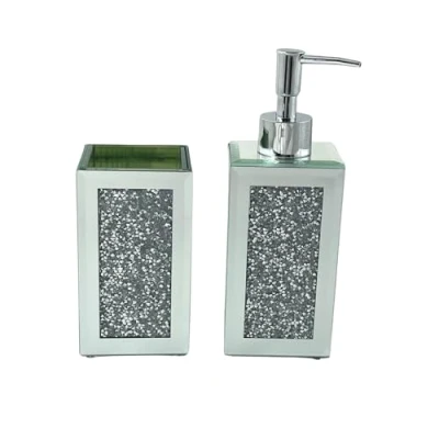 Image of EagleWiz Crushed Jewel soap dispenser and Tumbler Set mirror glass Diamond Silver Crystal Hand Cream Pump bath