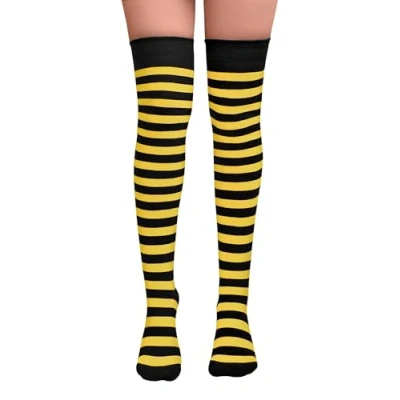 Image of NuJake Striped Over The Knee Socks Fancy Dress Bymble Bee Cosplay Teens UK Size 4 5.5 (Cotton Blend, Yellow &amp; Black)