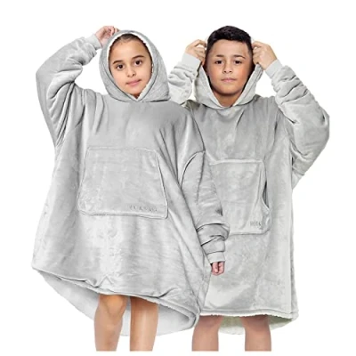 Image of GC GAVENO CAVAILIA Hug Snug Grey Blanket Hoodie For Boys, Oversized Kids Girls, Fleece Hooded Sweatshirt With Large Front Pocket Wearable