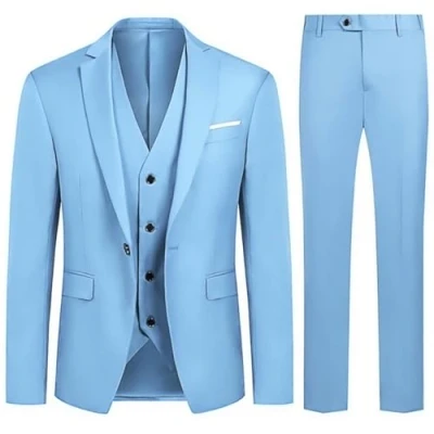 Image of Allthemen 3 Piece Slim Fit Suit Wedding Dress Casual One Button Lounge Suit, Light Blue, XL