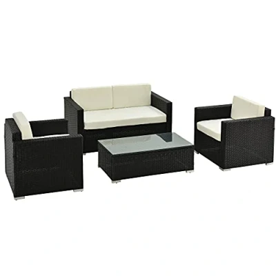 Image of Outsunny 4 Pieces Outdoor PE Rattan Sofa Set with Cushions, Patio Wicker Conversation Furniture Glass Top Coffee Table, Black