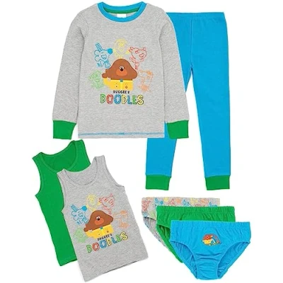 Image of Hey Duggee Kids Pyjama Set Multicoloured 7 Piece T Shirt &amp; Bottoms Pjs for Boys and Girls Loungewear Bundle with 2 Vests 3 Underwear Pants Graphic Nightwear Gift Children